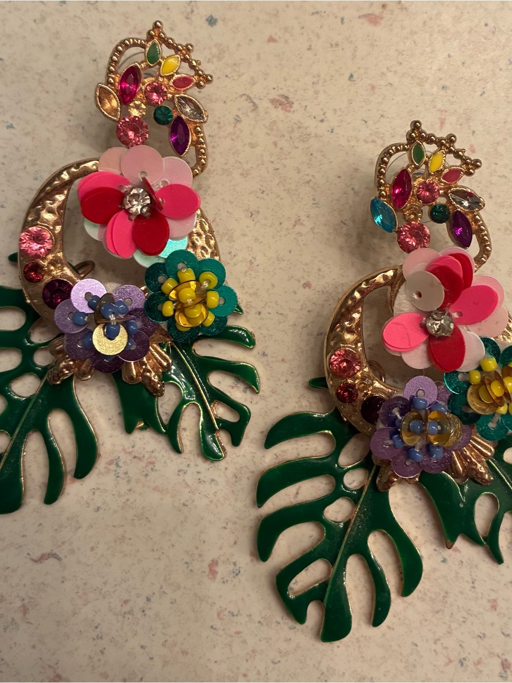 Colorful Tropical Floral Drop Earrings in Green and Pink